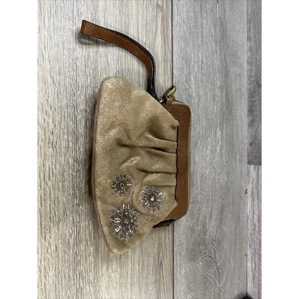 Fossil Wristlet Pouch Womens Small Gold Excellent Metallic Suede Starburst